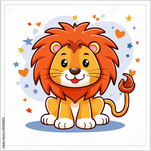Charming lion cartoon illustration with vibrant mane and playful background elements