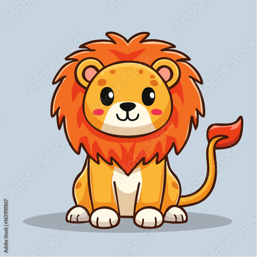 Adorable Lion Cub Cartoon Character with Friendly Expression and Playful Design Sitting Calmly