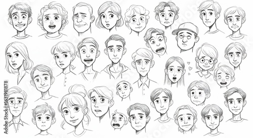 Diverse character sketches showcasing various expressions and hairstyles in a monochrome illustration