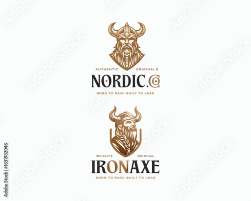 Viking Nordic warrior symbol. Horned Norseman emblem. Barbarian man head icon with horn helmet and beard