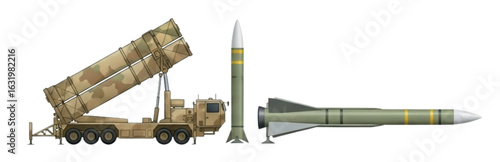 THAAD Missile Launcher Realistic 3D Vector | Desert Camouflage Military Weapon System Illustration

