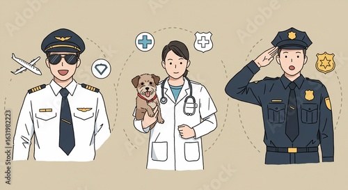 Diverse Professionals in Uniform: Pilot, Doctor, and Police Officer