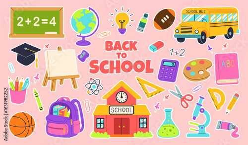 Back to school stickers with a school building, a clock, a backpack, a book, a calculator, a basketball, a football, a bus, and a paintbrush