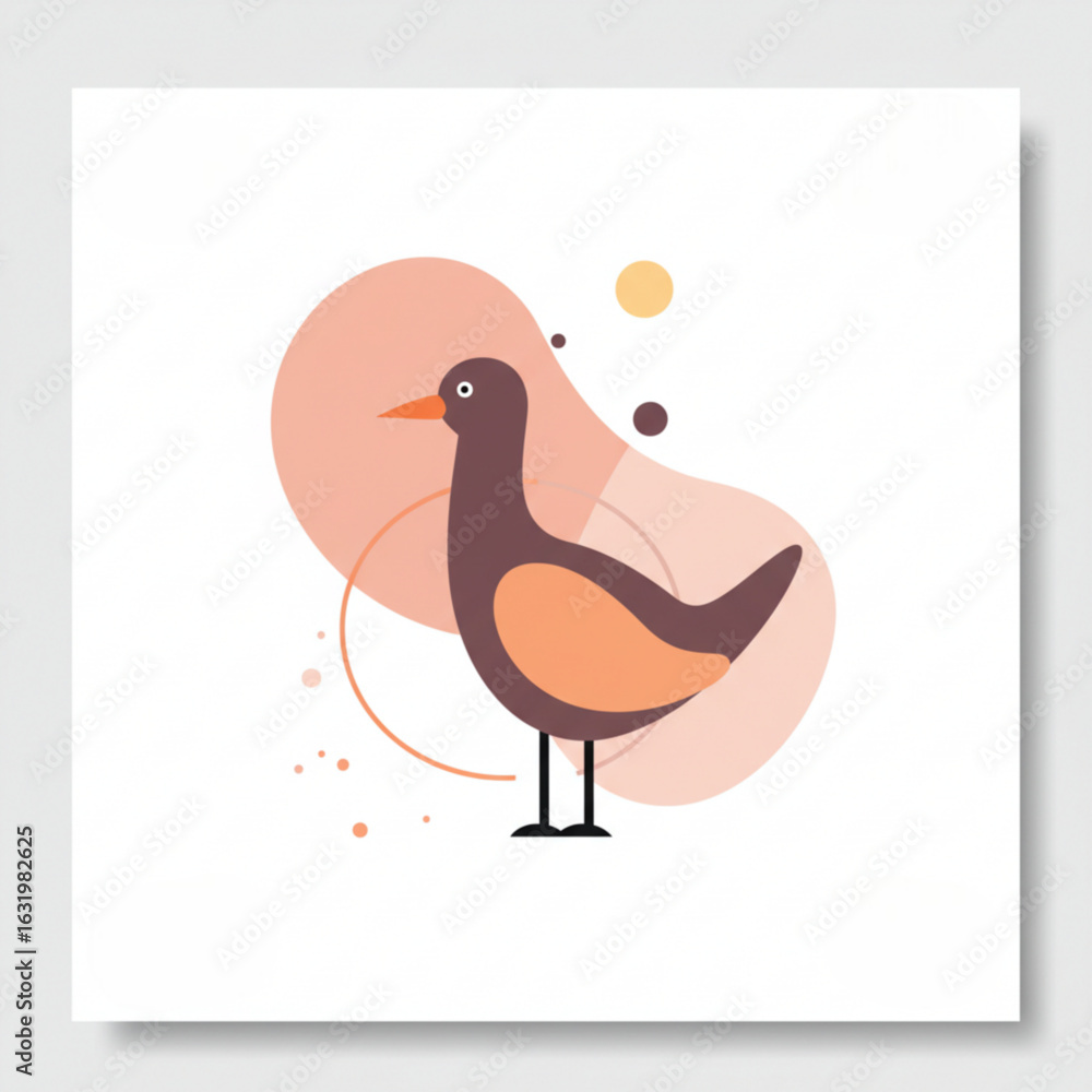 Fototapeta premium Stylized illustration of a bird with a brown body and orange accents, set against abstract shapes and colors, showcasing modern design and artistic creativity