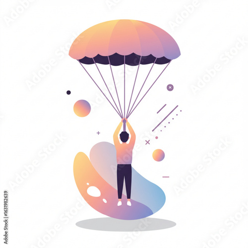 Colorful flat illustration of a person parachuting down with a vibrant canopy, surrounded by abstract shapes and elements, representing adventure and freedom in a playful design