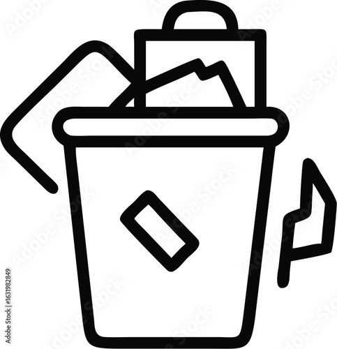 Line art icon of a trash can overflowing with paper and debris isolated on transparent background