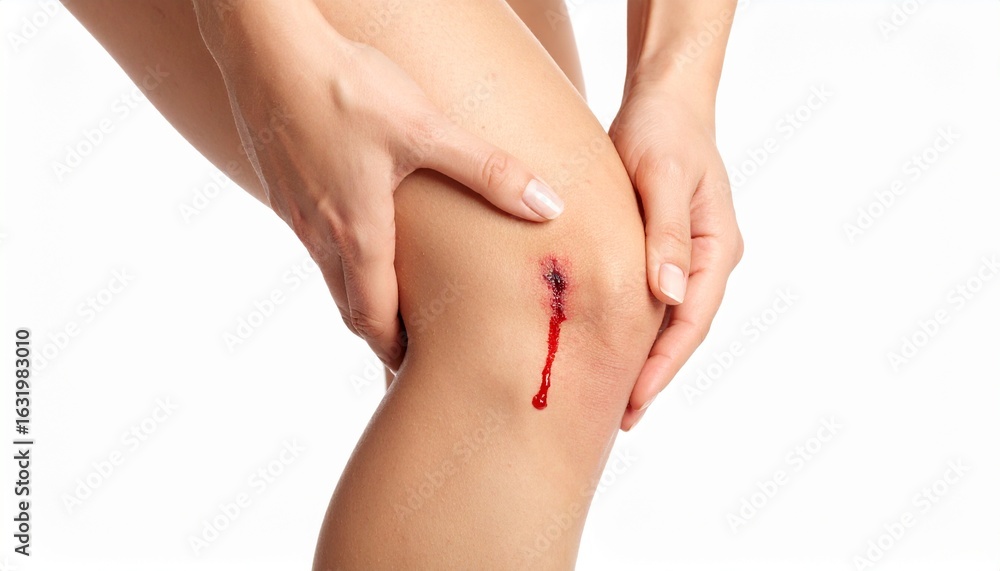Fototapeta premium Close-up of a woman's knee with a fresh cut, blood running down the skin, hand holding the leg.