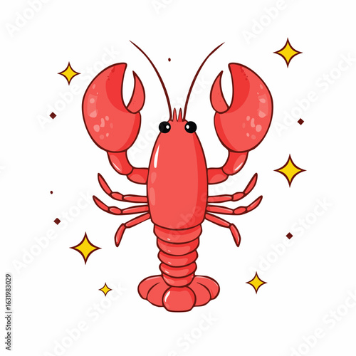 Delightful red lobster cartoon character surrounded by sparkling stars illustration art