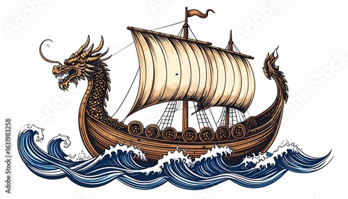 A vintage illustration of a Viking longship sailing on ocean waves.