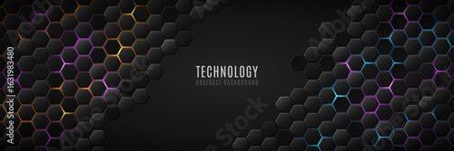 Futuristic black 3d hexagons with multicolored neon highlights. Sleek and modern hi-tech design for technology presentation, digital gaming interfaces or scientific background. Vector illustration.