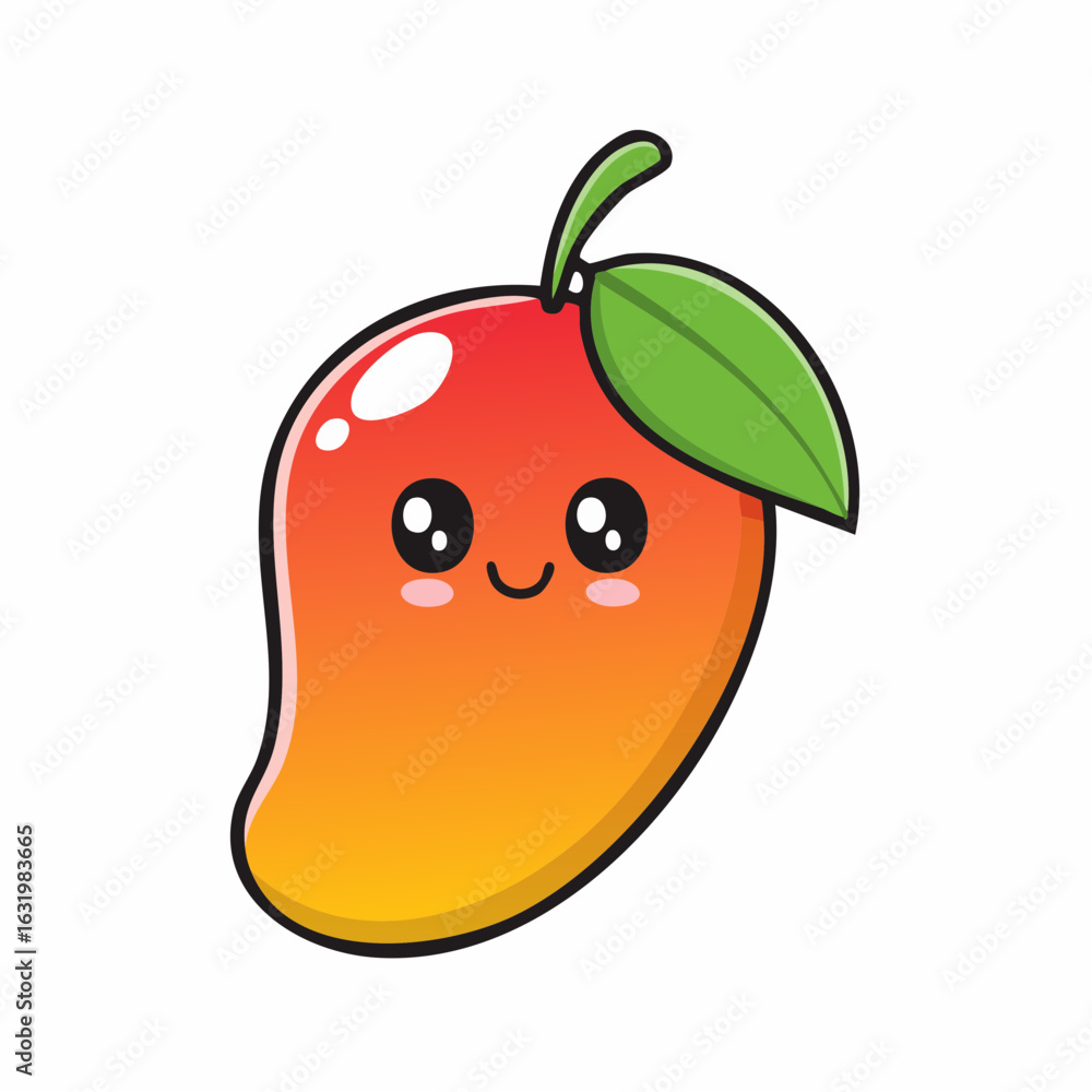 Obraz premium Adorable Mango Cartoon Character with Big Eyes and Smiling Face on White Background