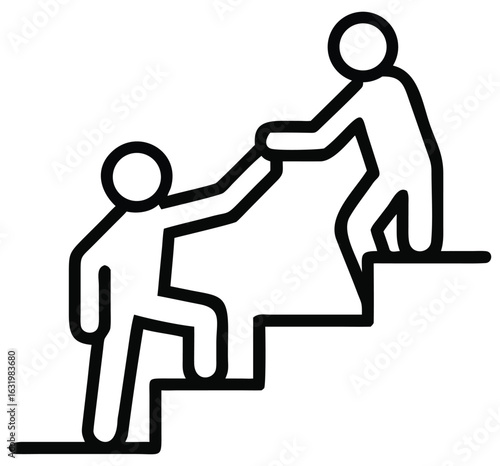 Stylized line art illustration of one person helping another climb a set of stairs symbolizing teamwork support and achieving goals together