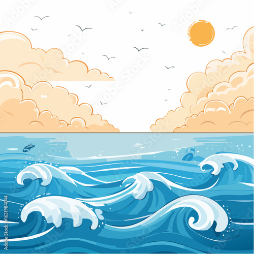 Seascape illustration capturing the serene beauty of ocean waves under a sunny sky