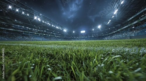 Fototapeta Naklejka Na Ścianę i Meble -  Night soccer stadium under floodlights, soccer stadium at night with bright lights, soccer stadium at night for sports photography