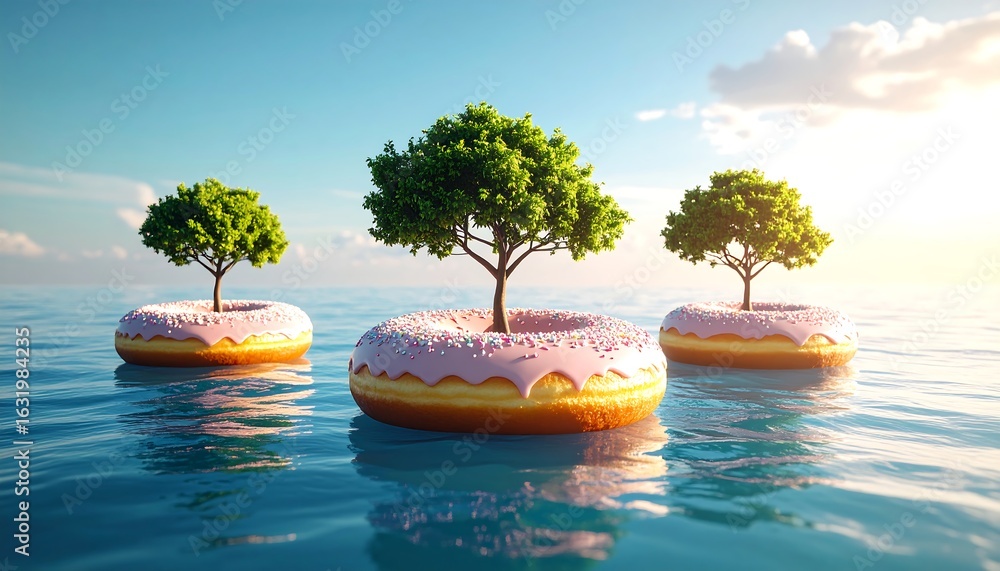 Obraz premium Surreal Trees Growing From Donuts Floating on Water