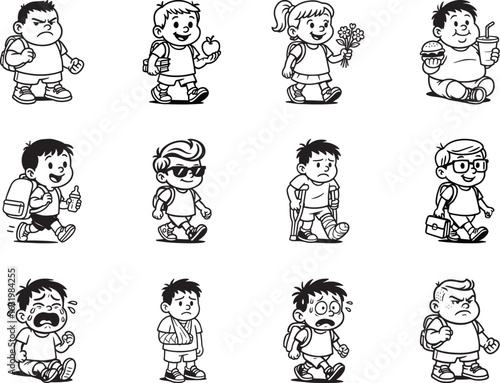Diverse Emotions of School Children: A collection of cartoon children is full of vivid emotion, as they embark on their daily school journey. A grayscale depiction.