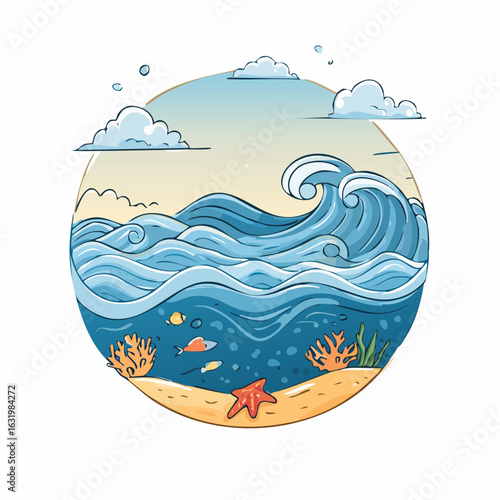 Serene Ocean Vista: A Circular Seascape Depicting Waves, Marine Life, and Tranquil Skies