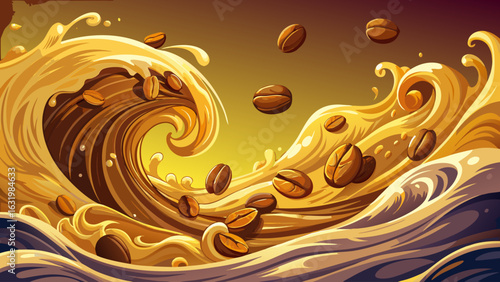 Steam rises from swirling waves. Glossy beans tumble through aromatic air. Mid-splash textures catch golden light. Everything feels intense, warm, alive—capturing flavor, motion, heat, and the essence