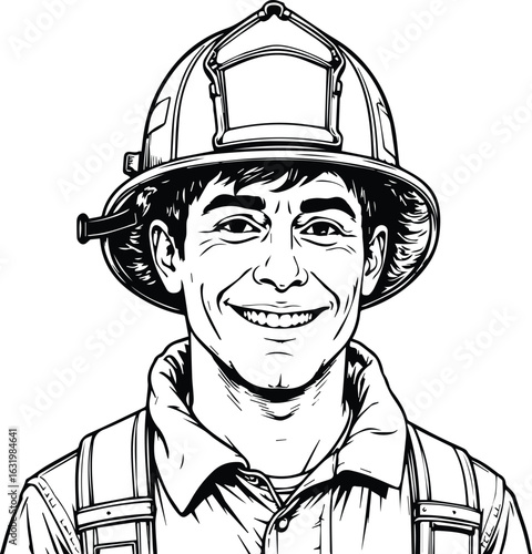 Courageous Portrait: An illustration of a valiant firefighter, rendered in clean lines and tones, embodying bravery and service, wearing his essential helmet and uniform.