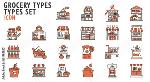 Grocery store and supermarket icon set. Collection of outline symbols for retail business, food shopping, and commerce.