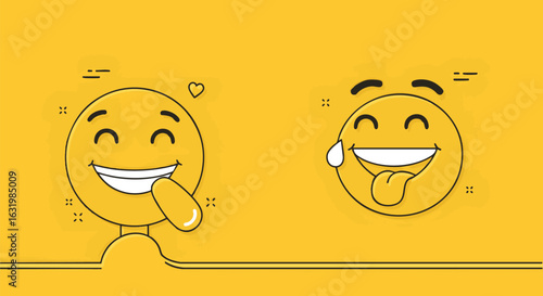 Two happy emojis, one laughing and one with a tongue out, on a yellow background.