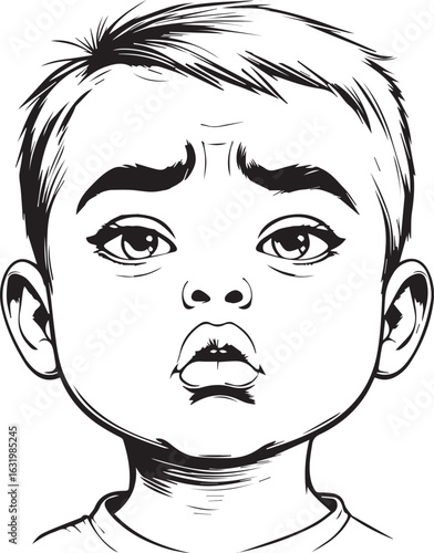 Silent Inquiry: A black and white illustration of a child's face, capturing the silent inquisitiveness and innocence of youth. The child's expression reveals a moment of deep contemplation.