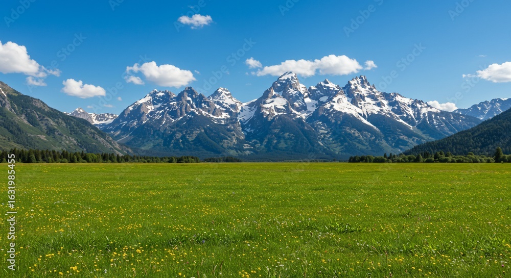 Fototapeta premium Lush Meadow Meets Majestic Mountains in a Sunny Summer Day