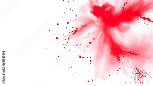 A burst of bright red Holi powder frozen in motion, creating a vivid and energetic display on a pure white background.