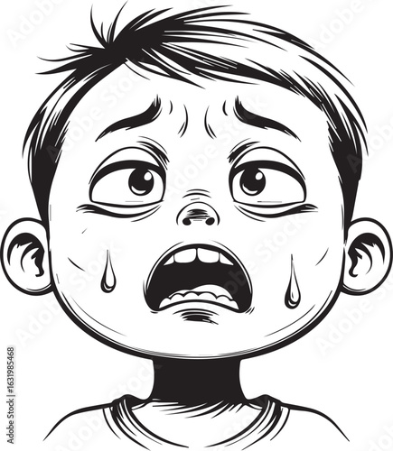 Distressed Boy: A close-up black and white illustration of a young boy with a look of distress and tears streaming down his face.