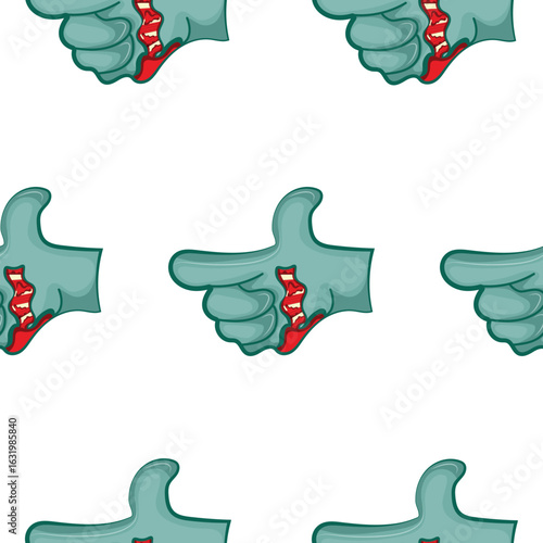 pattern with a cartoonish zombie hand in blue with open wounds and bones that folds into a "gun" gesture - a fun and at the same time creepy gesture, design for Halloween