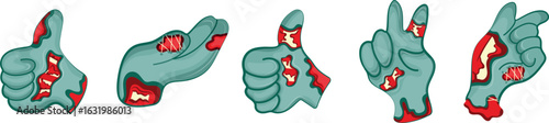 set with cartoon zombie hands in blue with open wounds and bones that fold into various gestures, Halloween design