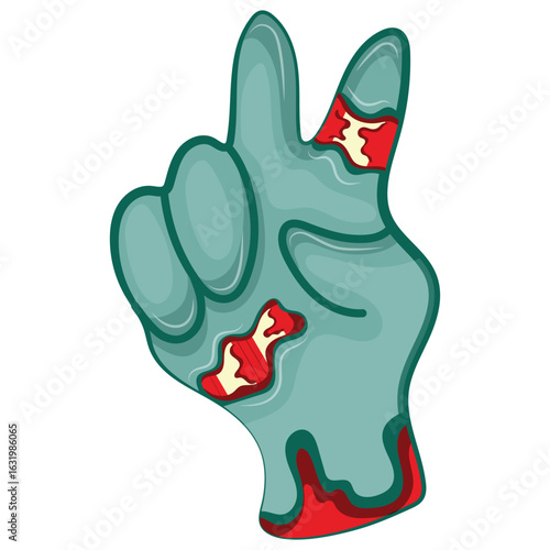 cartoon zombie hand in blue with open wounds and bones folded into a "peace" gesture, Halloween design