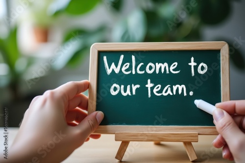 Hands writing welcome to our team on a small chalkboard