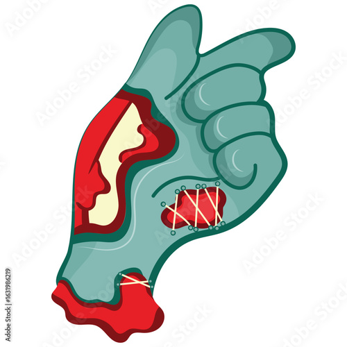 cartoon zombie hand in blue with open wounds and bones that folds into a gesture with a folded hand and an extended index finger, Halloween design