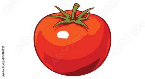 A vibrant, cartoon-style illustration of a ripe, red tomato with a green stem, set against a clean white background.