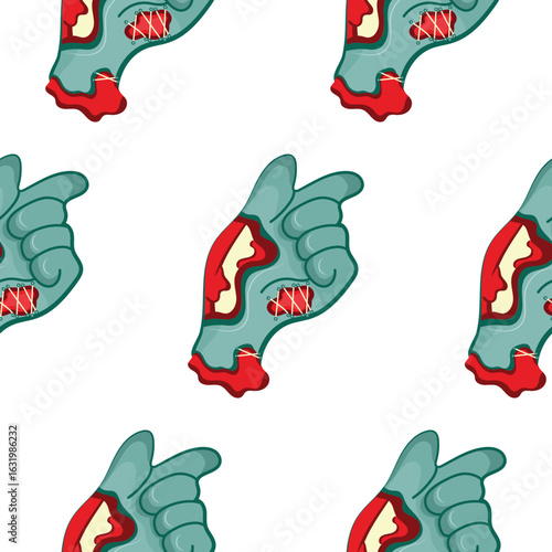 pattern with a cartoon zombie hand in blue with open wounds and bones that folds into a gesture with a folded hand and an extended index finger, design for Halloween