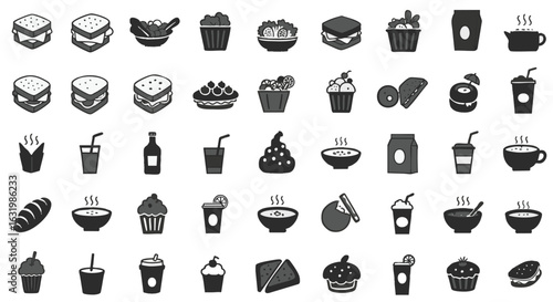 A collection of various food and drink icons arranged in a grid, including sandwiches, desserts, beverages, and snacks, all in a simple black and white style.