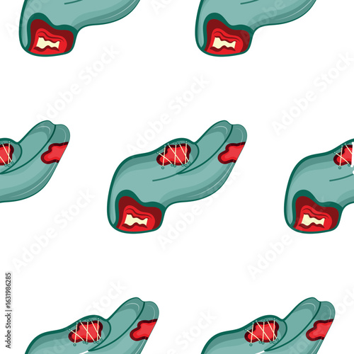 pattern with a cartoon zombie hand in blue with open wounds and bones that folds into a gesture with an outstretched hand, design for Halloween