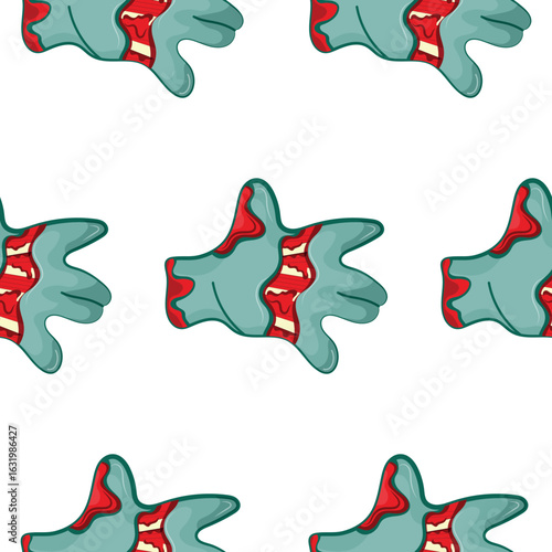 pattern with icons of an open cartoon zombie hand in blue with open wounds and bones, Halloween design