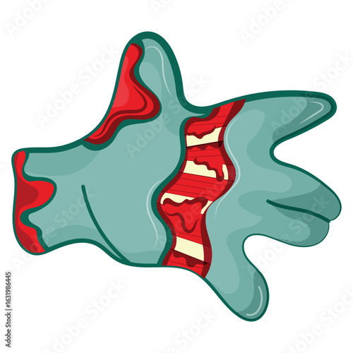 icon of an open cartoon zombie hand in blue with open wounds and bones, Halloween design