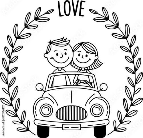 Love on the road: A lovely couple embarking on a joyful road trip adventure, filled with laughter, love, and cherished moments. A romantic love and sweet adventure in an iconic car.