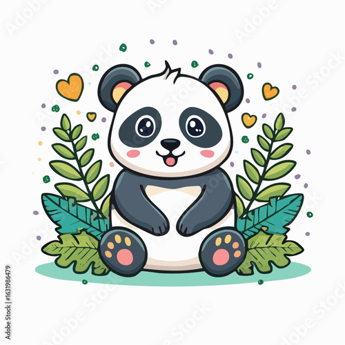 Adorable panda illustration surrounded by lush green foliage and whimsical hearts design