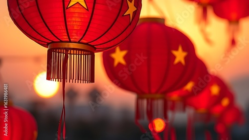 Glowing red and yellow star lanterns against a golden sunset, symbolizing Vietnam National Day's vibrant celebration.