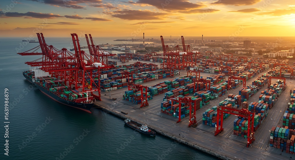 Fototapeta premium Vibrant Red Cranes Over a Bustling Container Terminal at Golden Sunset