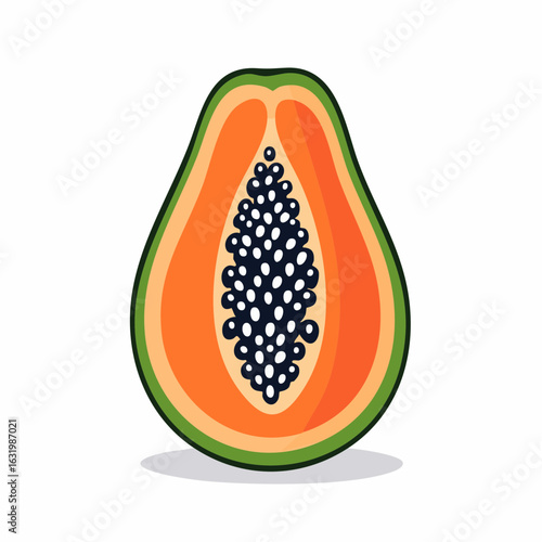 Vibrant papaya illustration showcasing a ripe half, revealing a delectable seed filled center