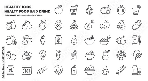 Healthy food and drink line icon collection 379. Outline vector illustrations of fruits, vegetables, and nutritional items for a healthy lifestyle.