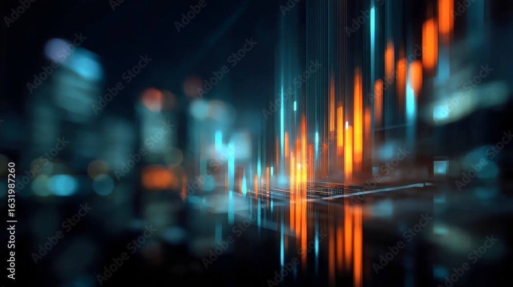 Fototapeta premium Dynamic financial data visualization showcasing abstract bar charts with vibrant orange and blue hues.