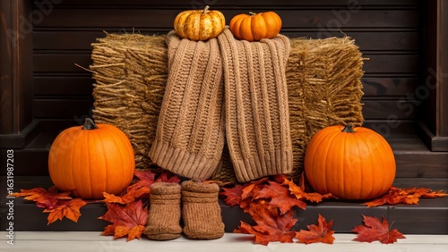 Cozy Autumn Decor with Pumpkins and Warm Textiles on Rustic Hay Bales Surrounded by Colorful Fall Leaves