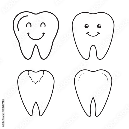 line art cartoon style tooth happy-smile set on the white background