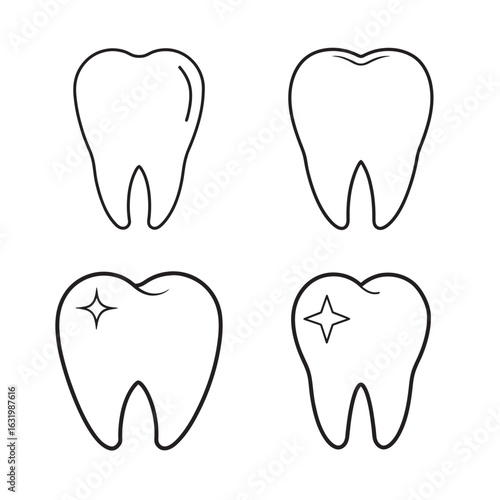 line art cartoon style tooth set on the white background